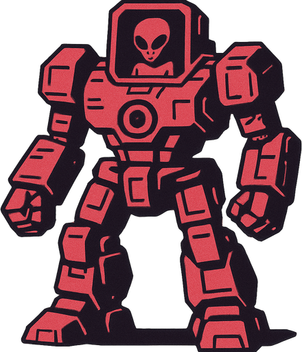 Giant space robot with grey alien controlling it from cockpit in head
In-Game asset.  2d.  High contrast.  No shadows