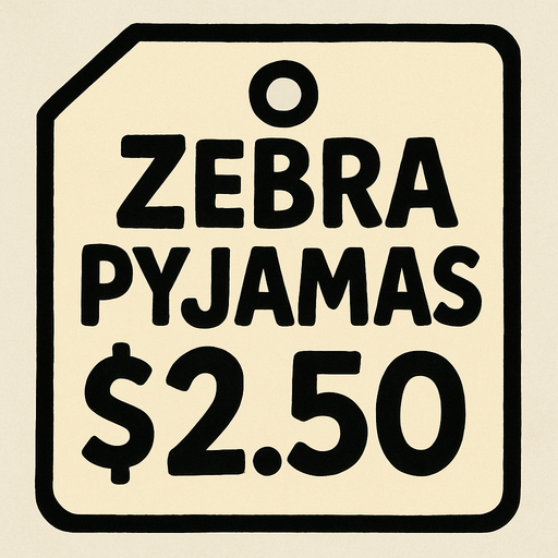 Price tag that says Zebra Pyjamas $2.50.
In-Game asset.  2d.  High contrast.  No shadows