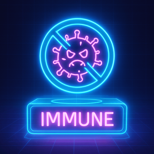 neon cyberpunk glowing IMMUNE button blue pink futuristic videogame hologram a crossed circle with cartoon microbe