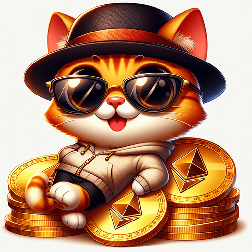 The character in the image now embodies the essence of wealth and sophistication, portrayed as a cartoon-style orange tabby cat with eye-catching stripes. Its round face boasts oversized, round, dark opaque sunglasses, and features a prominent, exaggerated red pout shaped like a duck's bill. Although the cat's body appears smaller in comparison to its head, contributing to its adorable, chubby look, it's the epitome of affluence. Adorning its head is a classy black top hat, adding an extra layer of sophistication. Dressed in a simple, light-colored hoodie with a drawstring, the cat is perched majestically atop a lavish pile of golden Ethereum tokens, showcasing its prosperity in the digital currency sphere. With its paws displayed in front, the cat sits in a relaxed pose, exuding a sense of serene command over its wealth. This plush adaptation of the character, blending playfulness with a motif of riches and luxury, serves as an ideal figure for narratives centered on financial success, making it a perfect mascot for financial education platforms or as a captivating character in children's stories about the value of money and investment..
Single Game Texture. In-Game asset. 2d. Blank background. High contrast. No shadows.