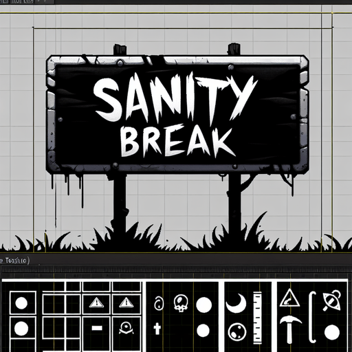 Horror game UI sign, "SANITY BREAK"
Single Game Texture. In-Game asset. 2d. Blank background. High contrast. No shadows.