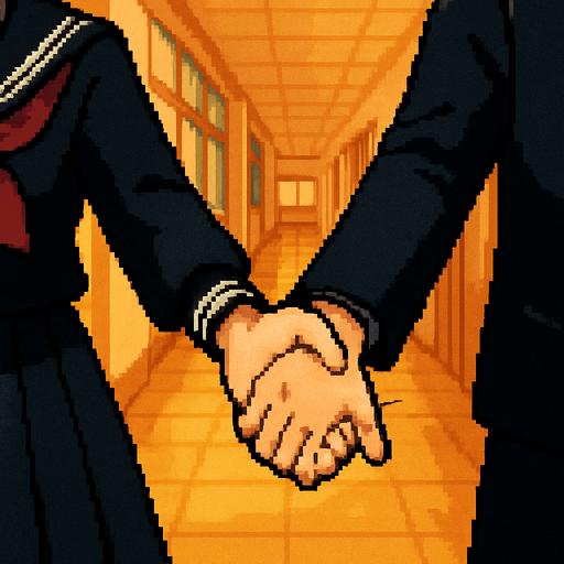 The camera focuses only on their hands. The girl, wearing a traditional Japanese sailor fuku uniform, firmly grabs the hand of the boy, who is dressed in a classic gakuran. She pulls him forward with energy and excitement. His hand follows with slight tension, expressing surprise. Nothing else is shown—just the gesture: a meaningful connection captured in the simple act of their hands intertwined. Behind them stretches a Japanese school hallway, all rendered in a charming Pixel Art style.