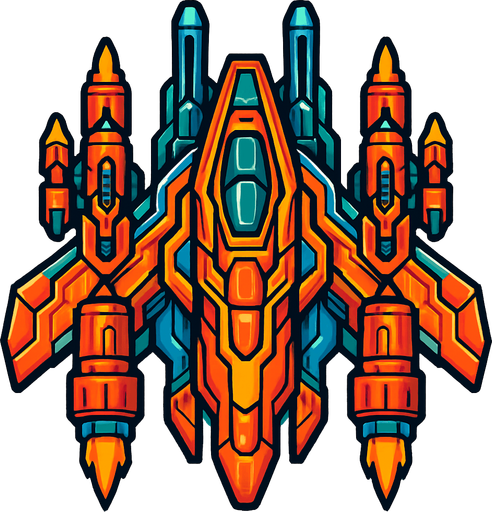 Make it a ship for a space shooting game with intense designing.
In-Game asset.  2d.  High contrast.  No shadows