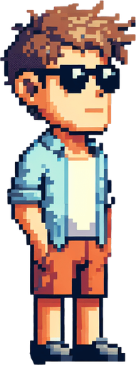 8-bit. Cartoon. Guy the beach. Full body. Looking up. Sunglasses. Worried. In game asset. Single Game Texture. In-Game asset. 2d. Blank background. High contrast. No shadows.