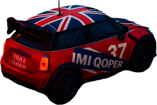 Photorealistic red MINI COOPER Rallycar with something like British flag livery in nightlight, drone topview from back and 45 degrees angle in top right corner. Replace MINI to IMI and Cooper too Qoper.