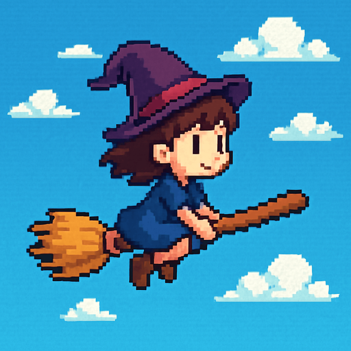 16 bit image litle girl ride flyng broom stick.
In-Game asset.  2d.