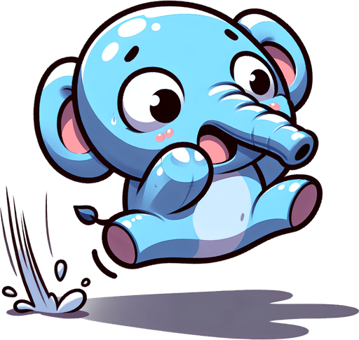 A happy little blue elephant, looking scared, facing the viewer, legs flailing as it falls through the air..
Single Game Texture. In-Game asset. 2d. Blank background. High contrast. No shadows.