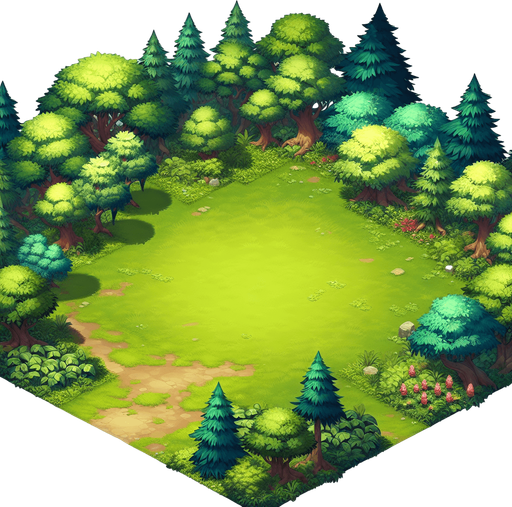 a clearing in the forest.
Single Game Texture.  In-Game asset.  2d.  Blank background.  High contrast.  No shadows