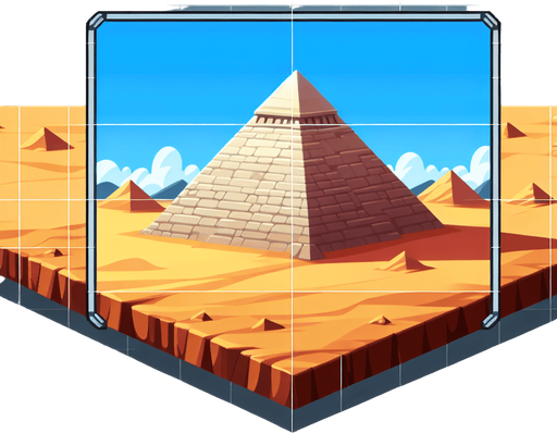 An animated image of a desert with a pyramid.
Single Game Texture. In-Game asset. 2d. Blank background. High contrast. No shadows.