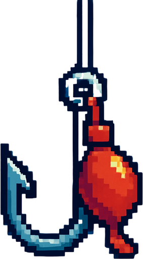 2D pixel art of a fishing hook with a red bait attached, hanging in water with bubbles, retro 16-bit style..
In-Game asset.  2d.  High contrast.  No shadows