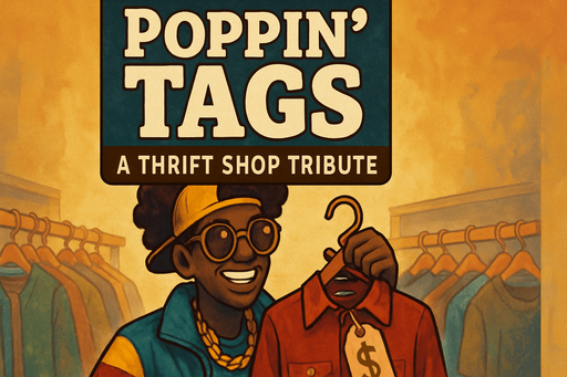portrait banner, high definition, for a game titled "Poppin' Tags: A Thrift Shop Trubute"