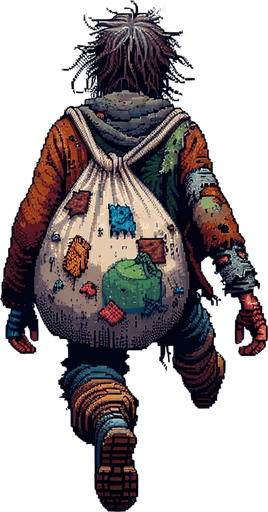 Directly overhead, plumb view of a beggar heading top (we see his back)..
Zenith view, directly overhead, plumb view. NOT PERSPECTIVE! Fantasy theme. Pixel art