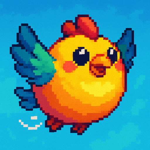 Big fat flaying bird ( Piksel art). Colorful. Cute. 
In-Game asset.  2d.  High contrast.