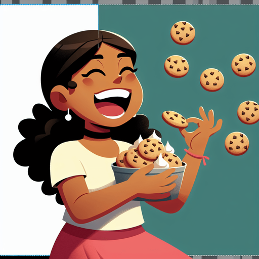 A cute girl happily eating way too many vanilla cookies. Single Game Texture. In-Game asset. 2d. Blank background. High contrast. No shadows.