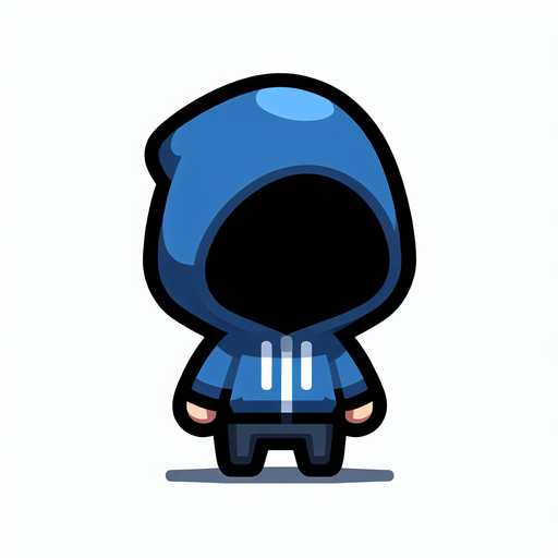 Pessoa pequena de cabelo preto usando capuz azul e calça azul pequena que esconde sua face com o seu capuz.
Single Game Texture. In-Game asset. 2d. Blank background. High contrast. No shadows.