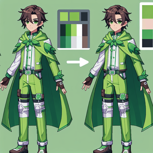 Anime eco hero.
Single Game Texture.  In-Game asset.  2d.  Blank background.  High contrast.  No shadows