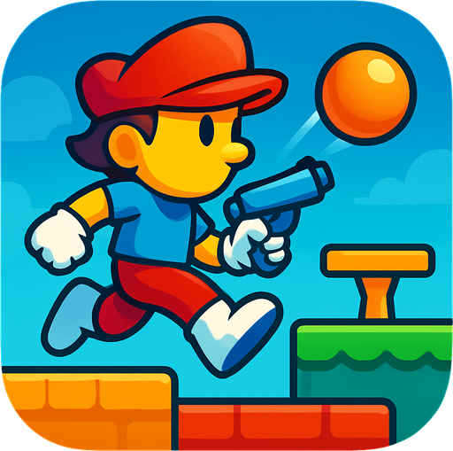 Modern App Store icon, high definition, square with rounded corners, for a game titled "Jump & Shoot Adventure" and with the description "Run, jump and shoot through colorful platforms! Defeat enemies with bouncing balls, avoid obstacles, and reach the table to advance levels. You have 10 lives to complete your mission!". No text on icon!