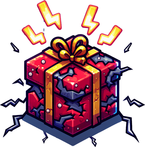 a electrified destroyed christmas present, cartoon Single Game Texture. In-Game asset. 2d. Blank background. High contrast. No shadows.