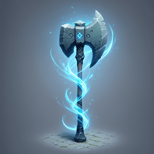 A primal stone axe or spearhead with stylized speed lines or a spectral blue aura indicating swift movement..
Single Game Texture.  In-Game asset.  2d.  Blank background.  High contrast.  No shadows