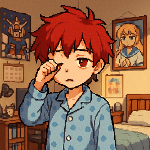 A cute, red-haired anime boy, 15 years old, with red eyes. He's in pajamas, looking sleepy, rubbing one eye with his hand. He's in his otaku-style bedroom. The scene is illustrated in Pixel Art style.