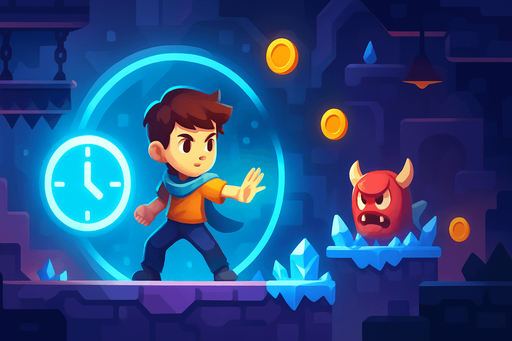 Fullscreen modern App Store landscape banner, 16:9, high definition, for a game titled "Time Freeze" and with the description "A puzzle-action game where pausing is a superpower. Strategically freeze time to navigate hazards, avoid enemies, and collect items while managing your limited pause energy. Plan your moves carefully in this time-bending adventure where stopping the clock is your greatest tool for success.". No text on banner!