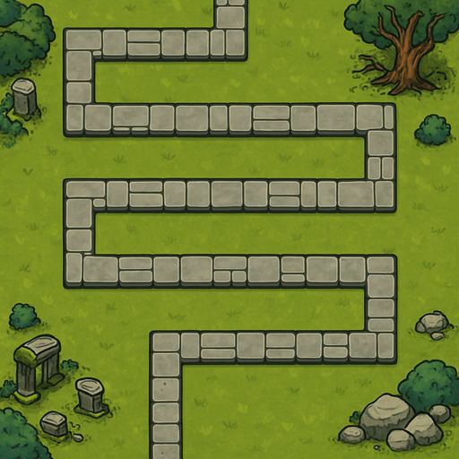 A top-down orthographic view of a TD map. The focus is a single, continuous stone-paved path. This path is a long, serpentine line that twists and turns across the map in a strict grid pattern with sharp 90-degree angles. Crucially, the path never forks, branches, or intersects with itself; it is one unbroken line from start to finish. It enters at the top-center edge and exits at the bottom-center edge. The buildable areas next to the path are wide, flat, and empty grass. All decorative clutter, like mossy ruins and ancient trees, is kept exclusively on the outer perimeter of the map. Stylized and hand-painted. --no towers, no characters, no buildings, no crossroads, no forks.
In-Game asset.  2d.  High contrast.  No shadows