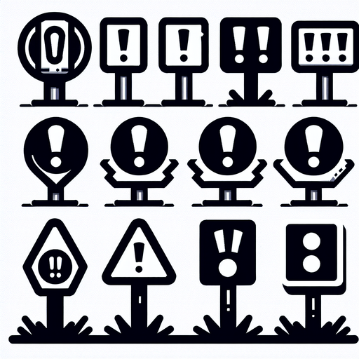 A sprite sheet of signs with exclamation points on them.
Single Game Texture. In-Game asset. 2d. Blank background. High contrast. No shadows.