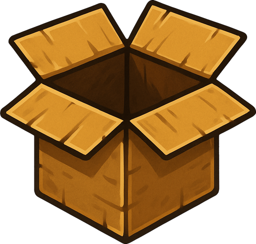 open cardboard box.
Single Game Texture.  In-Game asset.  2d.  Blank background.  High contrast.  No shadows