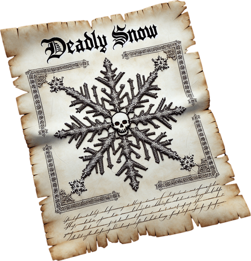a pergament letter with the name "Deadly Snow". It has a snowflake in shape of a skull on it. Single Game Texture. In-Game asset. 2d. Blank background. High contrast. No shadows.