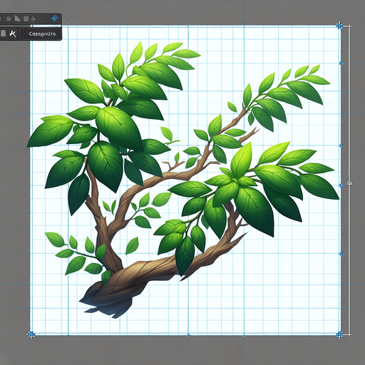 A tree branch with green leaves
Single Game Texture. In-Game asset. 2d. Blank background. High contrast. No shadows.