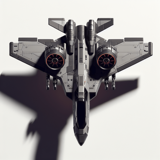 Top down view of Small personal space fighter with large gun at the front.
Single Game Texture. In-Game asset. 2d. Blank background. High contrast. No shadows.
