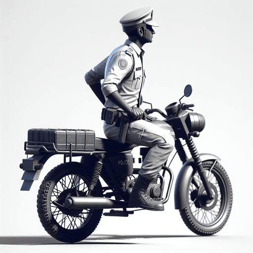 Inspector chingam on police bike with police dress.
Single Game Texture.  In-Game asset.  2d.  Blank background.  High contrast.  No shadows