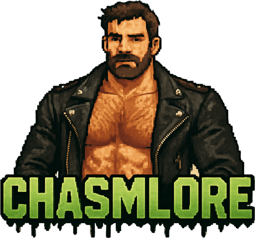 “he://done.ism 

uploaded: chasmlore” written out in black leather biker jacket shirtless hairy muscles hunks