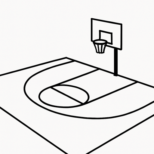 A minimalist black and white basketball court background. The court is shown from a side view or slightly isometric angle. It includes clear outlines for the hoop, backboard, half court line, and three-point arc, all in clean black lines on a white surface (or vice versa). The style is modern, simple, and flat — no players, just the environment..
In-Game asset.  2d.  High contrast.  No shadows