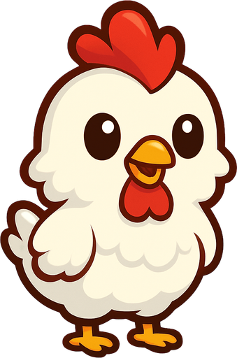 “A cute cartoon-style chicken character designed for a mobile game. White fluffy feathers, red comb and wattle, small yellow beak, round black eyes, tiny orange feet, standing upright with a cheerful expression. Colorful, simple background. High-quality digital illustration, ideal for a fun kids game.”.
In-Game asset.  2d.  High contrast.  No shadows. cartoon style