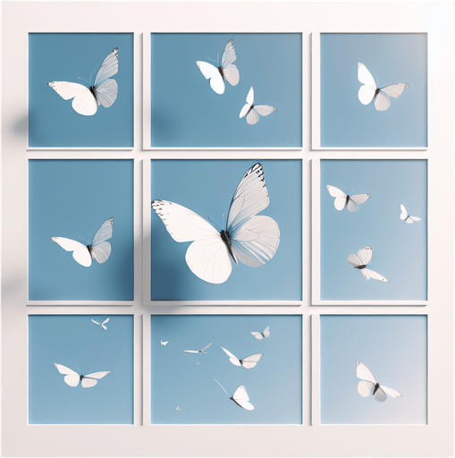 detailled frames of a White butterfly flight.
Zenith view. Grid of frames. Blank background.