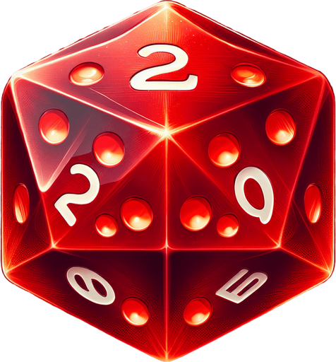 A 20 sided red die.
In-Game asset. 2d. Transparent background. High contrast. No shadows.
