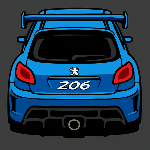 Mavi ve asiri Spor olarak ozellestirilmis bir peugeot 206 arkasi ama yukaridan.
In-Game asset.  2d.  High contrast.  No shadows