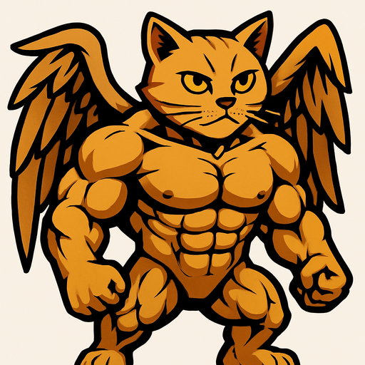 bodybuilder realistic cat with wing.
In-Game asset.  2d.  High contrast.  No shadows