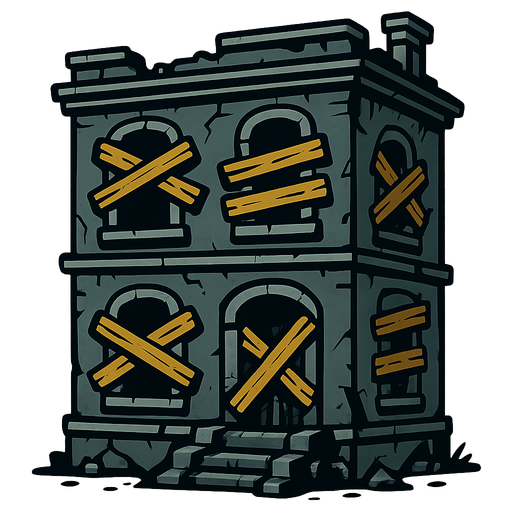Abandoned building that’s boarded up.
In-Game asset.  2d.  High contrast.  No shadows