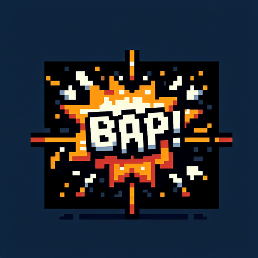 pixel art "bap!" explosion
Single Game Texture. In-Game asset. 2d. Blank background. High contrast. No shadows.