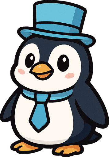 A cute penguin with a light blue top hat and light blue neck tie.
In-Game asset.  2d.  High contrast.  No shadows