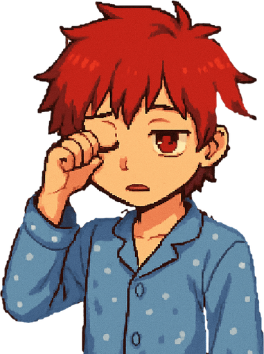 A cute, red-haired anime boy, 15 years old, with red eyes. He's in pajamas, looking sleepy, rubbing one eye with his hand. He's in his otaku-style bedroom. The scene is illustrated in Pixel Art style.