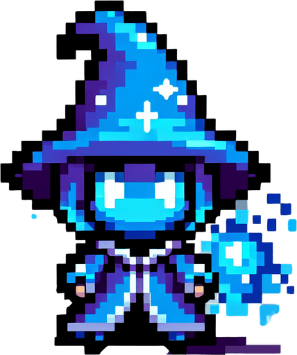 blue chibi mage 8 bit image.
Single Game Texture.  In-Game asset.  2d.  Blank background.  High contrast.  No shadows