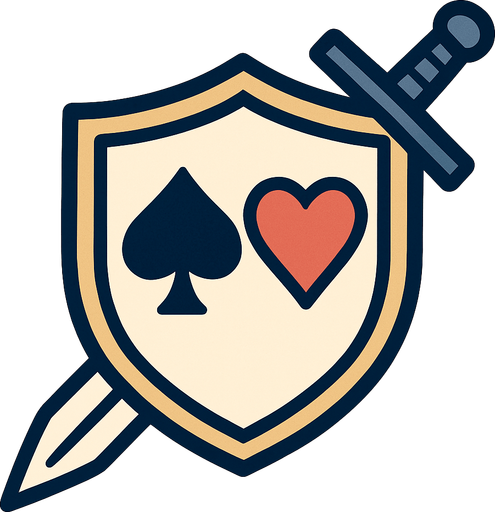 A shield with a spade and heart card suit coat of arms on it with a sword crossed downwards, behind it.  icon. Anime style..
In-Game asset.  2d.  High contrast.  No shadows