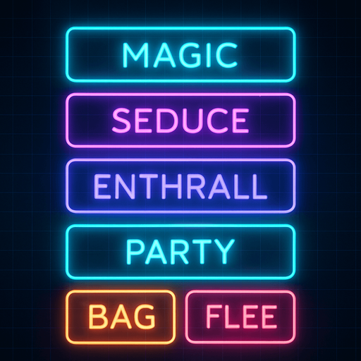 Neon cyberpunk combat menu MAGIC SEDUCE ENTHRALL PARTY BAG FLEE flat hologram glowing outline