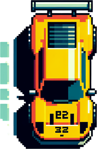 Top-down view of a yellow racing car, pixel art style, 64x64, arcade-style graphics, sharp and fast-looking design".top down view
Single Game Texture.  In-Game asset.  2d.  Blank background.  High contrast.  No shadows