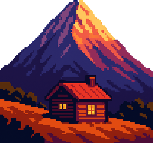 Montaña con casa en atardecer, pixelart.
In-Game asset.  2d.  High contrast.  No shadows