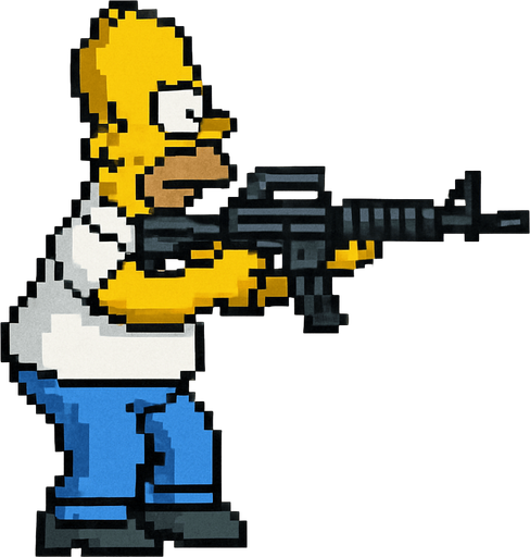 homero simpson hecho con pixeles de cuerpo completo con perspectiva lateral apuntando con rifle de asalto m4
I