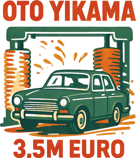 Oto yıkama ile alakalı bir görsel oluştur . Bu görselin altında 3.5M Euro yazsın. Retro temada bir görsel olsun ..
In-Game asset.  2d.  High contrast.  No shadows